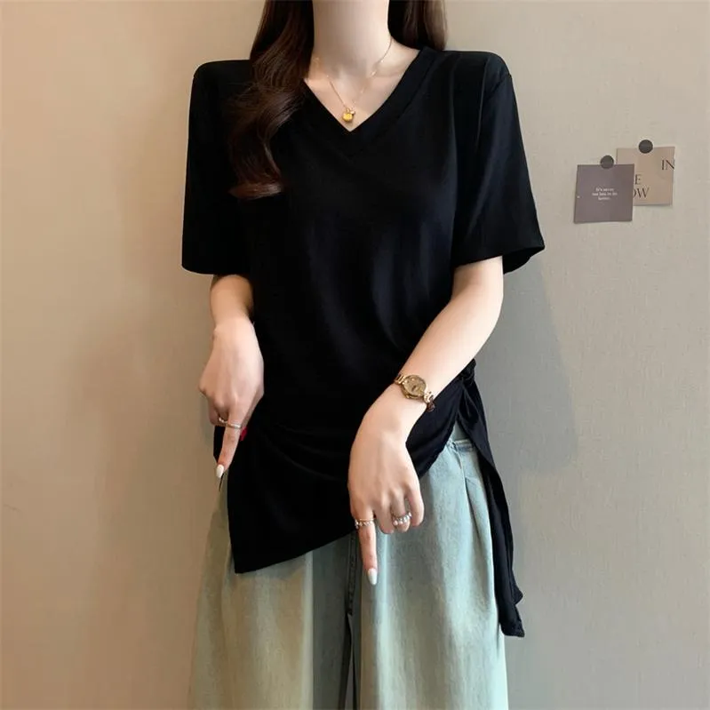 Trendy Solid Color T-Shirt for Women with Split Thigh Design