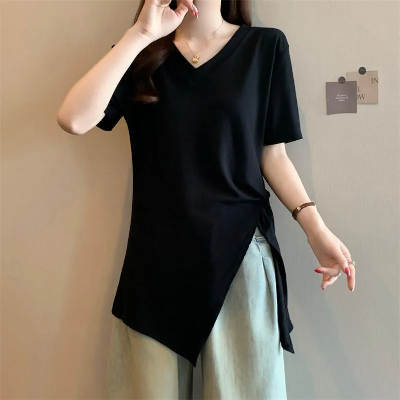 Trendy Solid Color T-Shirt for Women with Split Thigh Design