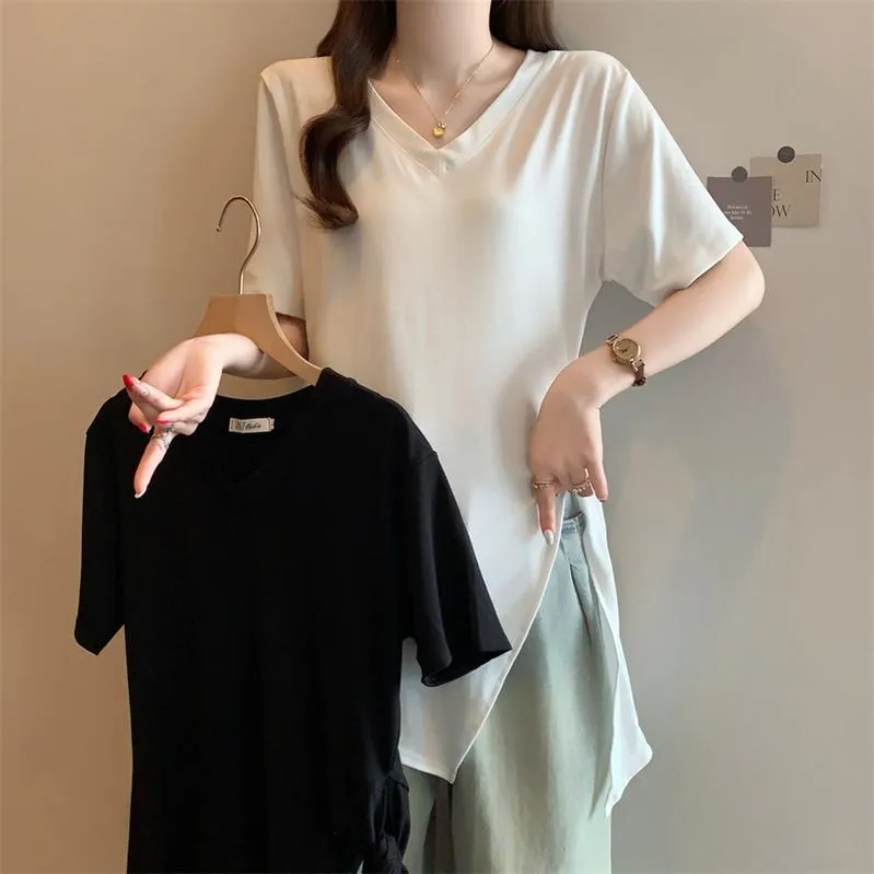 Trendy Solid Color T-Shirt for Women with Split Thigh Design