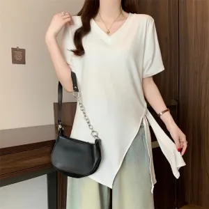 Trendy Solid Color T-Shirt for Women with Split Thigh Design