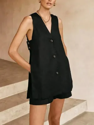 V-neck Sleeveless Vest & High-waisted Shorts Matching Set