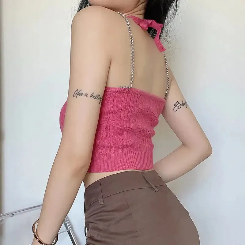 Vibrant Y2K Crop Top with Chain Straps and Knitted Design