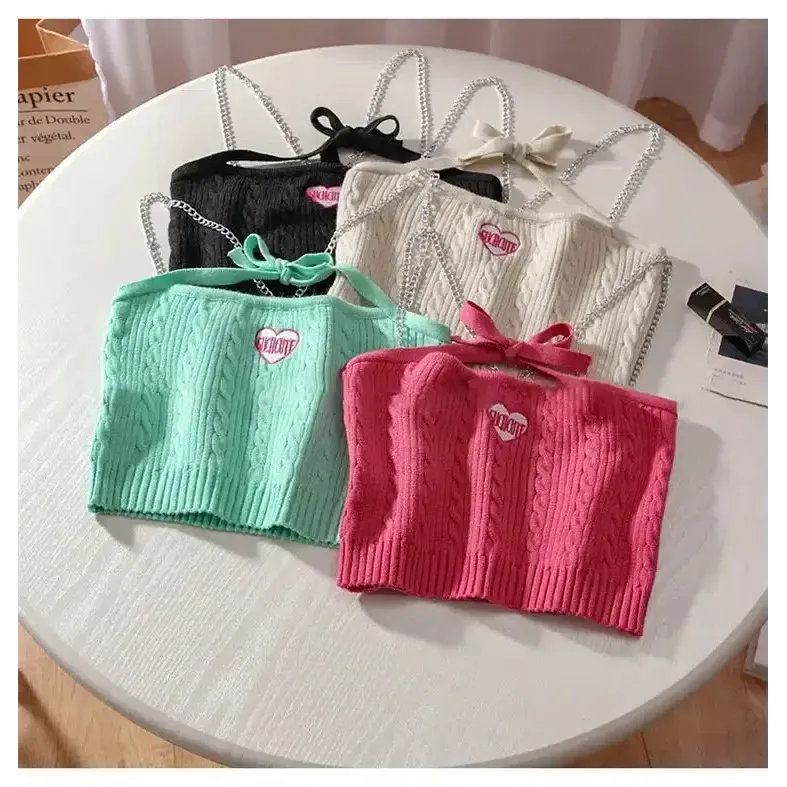 Vibrant Y2K Crop Top with Chain Straps and Knitted Design