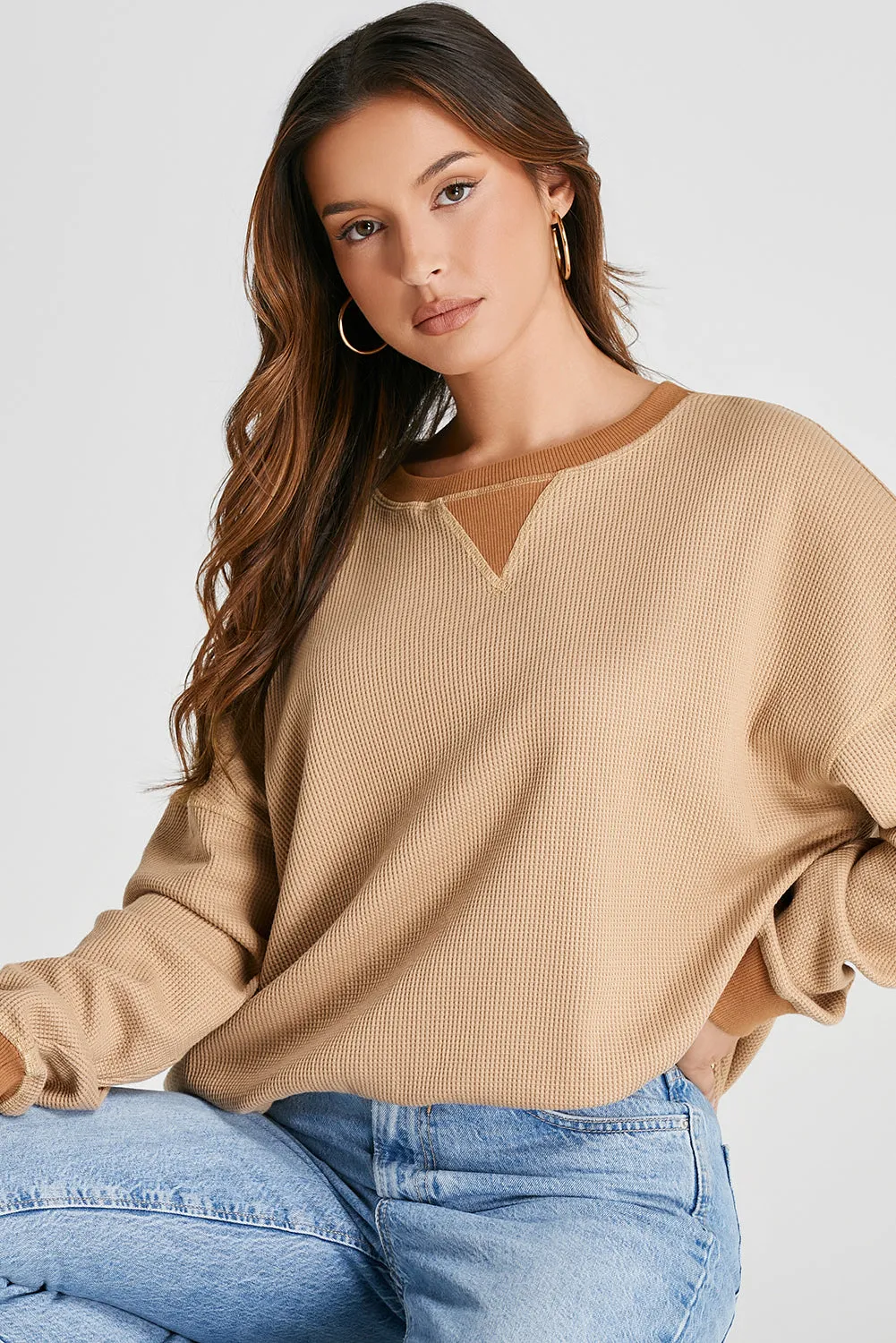 Vienna Waffle-Knit Long Sleeve Sweatshirt- Deal of the Day!