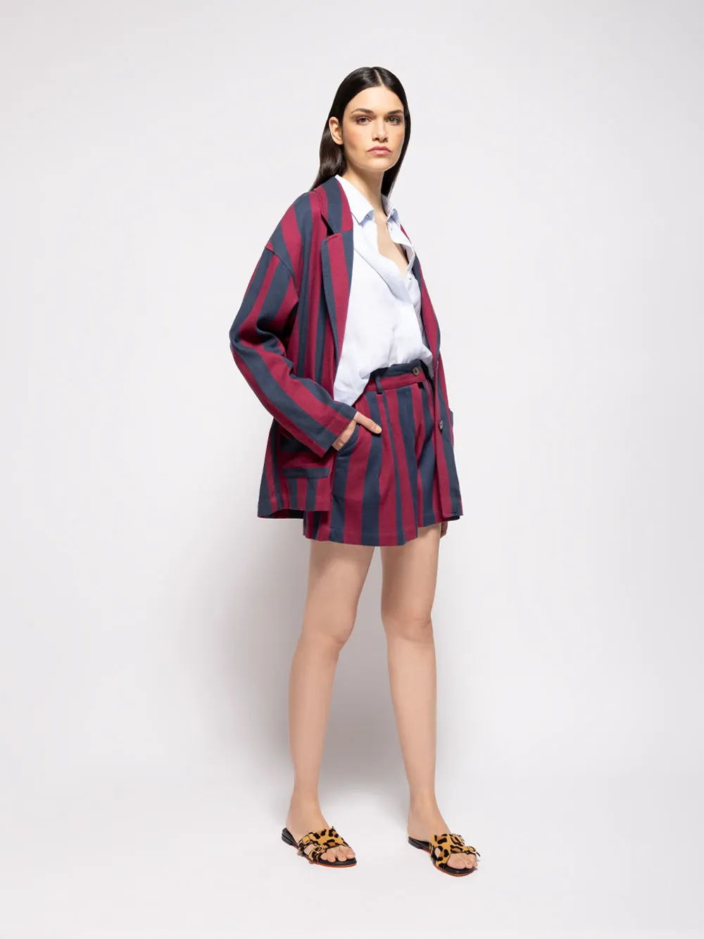 Virgo Purple Hand-Woven Striped Wide-Leg Shorts