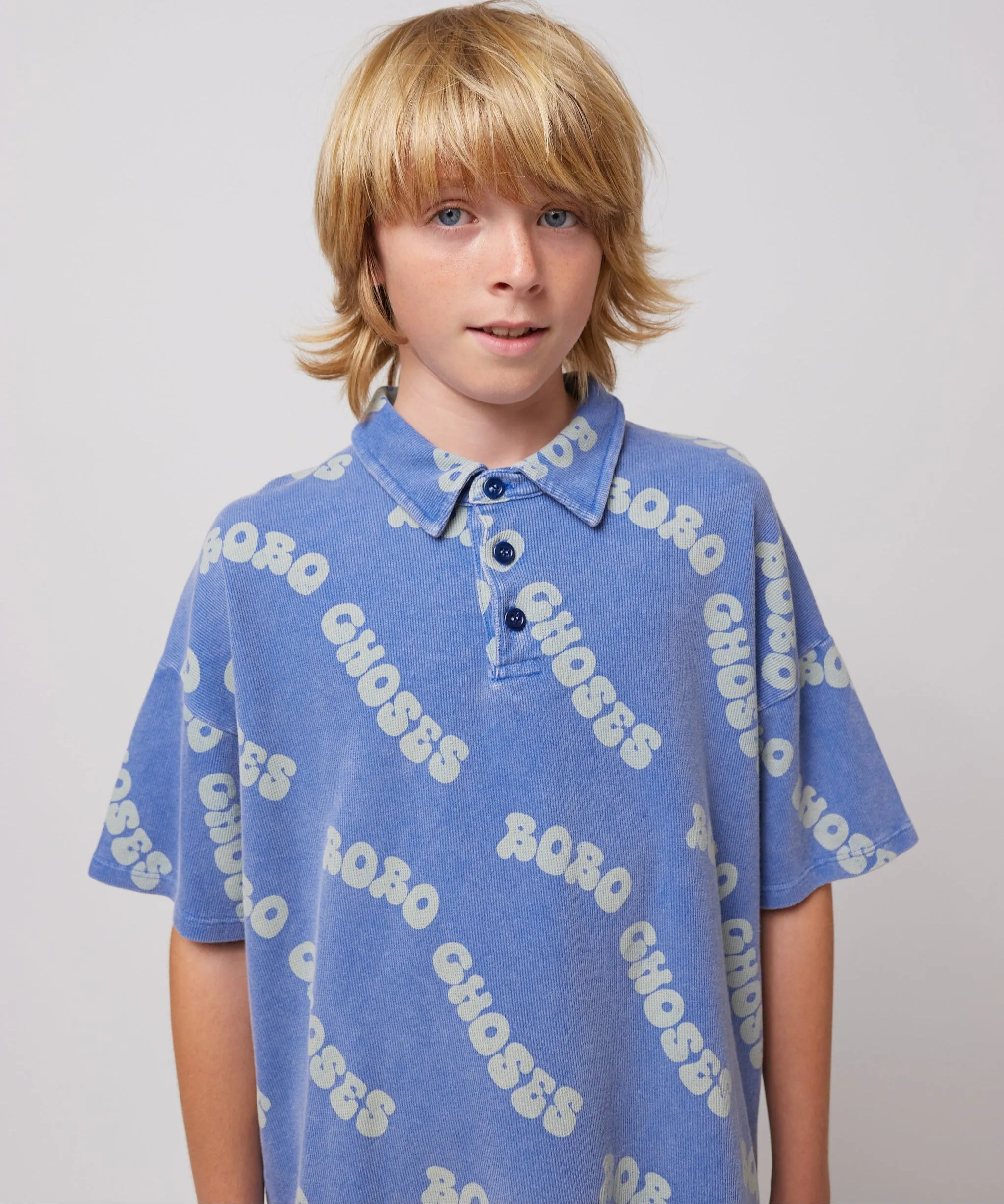 Wavy Bobo Choses all over Waffle Polo Shirt, Blue