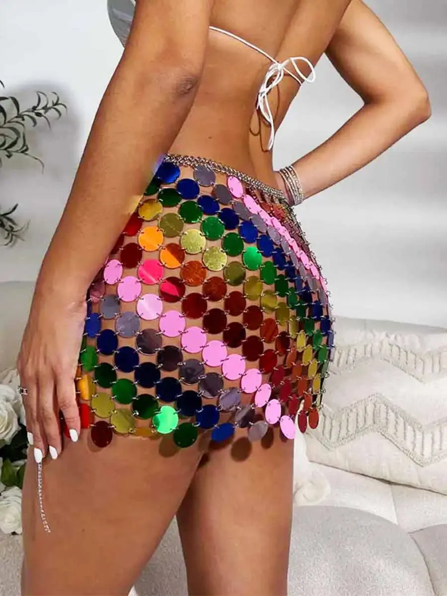 Women Sparkly Sequin Mini Skirt Rainbow Disco Skirts