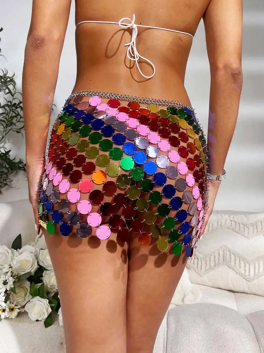 Women Sparkly Sequin Mini Skirt Rainbow Disco Skirts