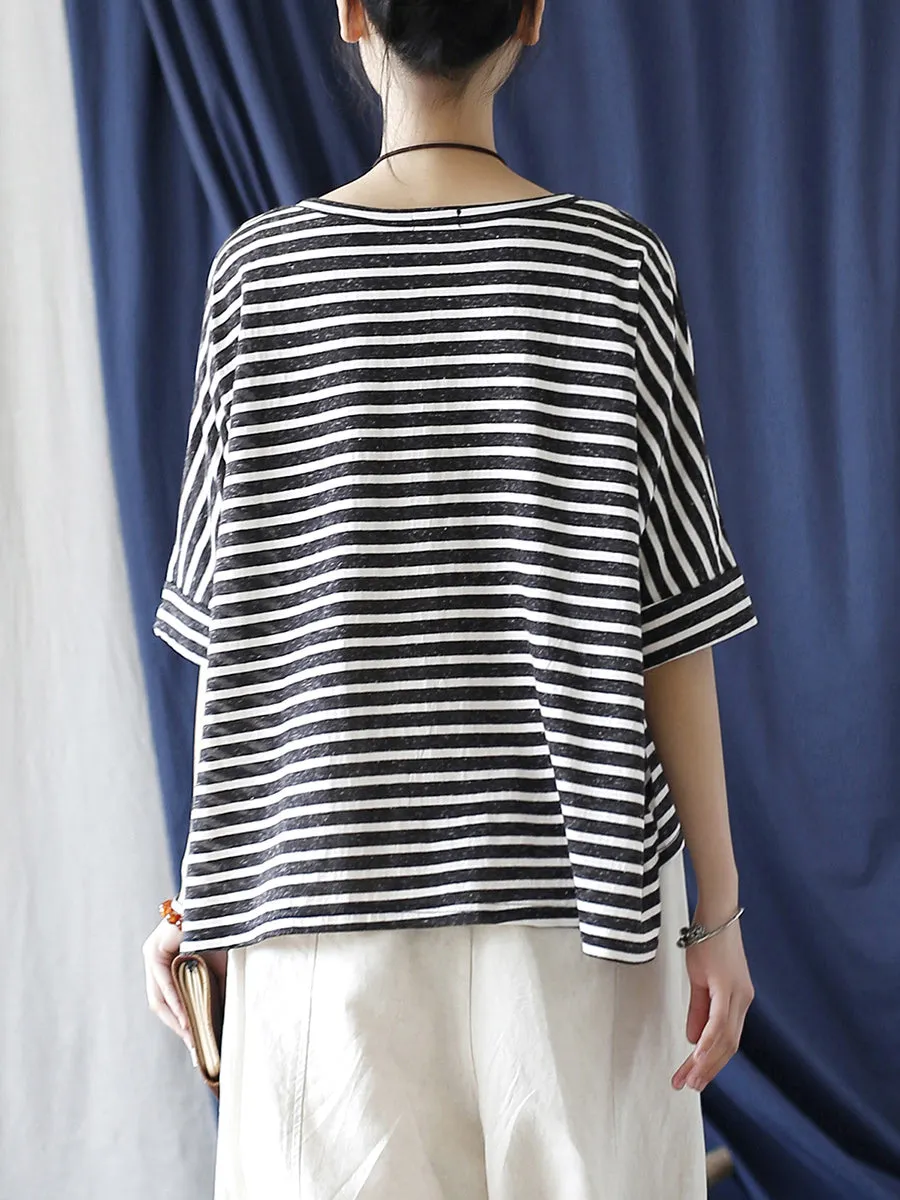 Women Summer Casual Stripe Loose O-Neck Shirt
