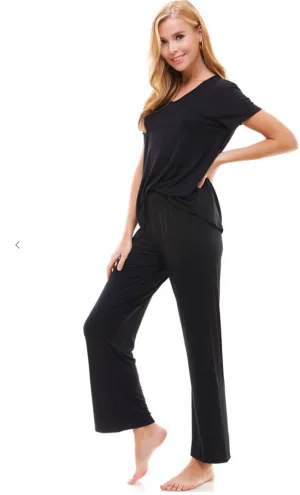 Women's Black Short Sleeve V-neck, loose leg Lounge set