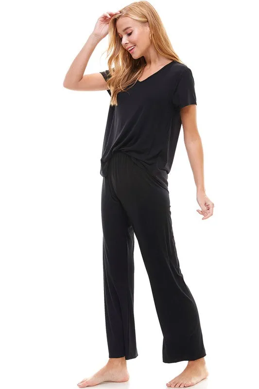 Women's Black Short Sleeve V-neck, loose leg Lounge set