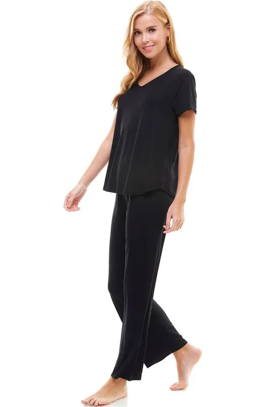 Women's Black Short Sleeve V-neck, loose leg Lounge set