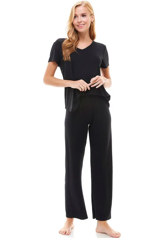 Women's Black Short Sleeve V-neck, loose leg Lounge set