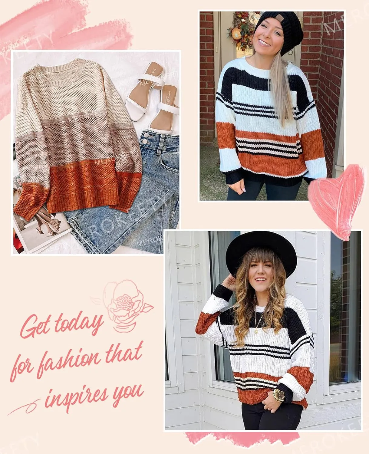 Women'S Crew Neck Long Sleeve Color Block Knit Sweater Casual Pullover Jumper Tops