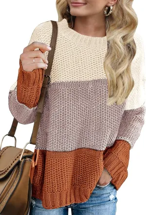 Women'S Crew Neck Long Sleeve Color Block Knit Sweater Casual Pullover Jumper Tops