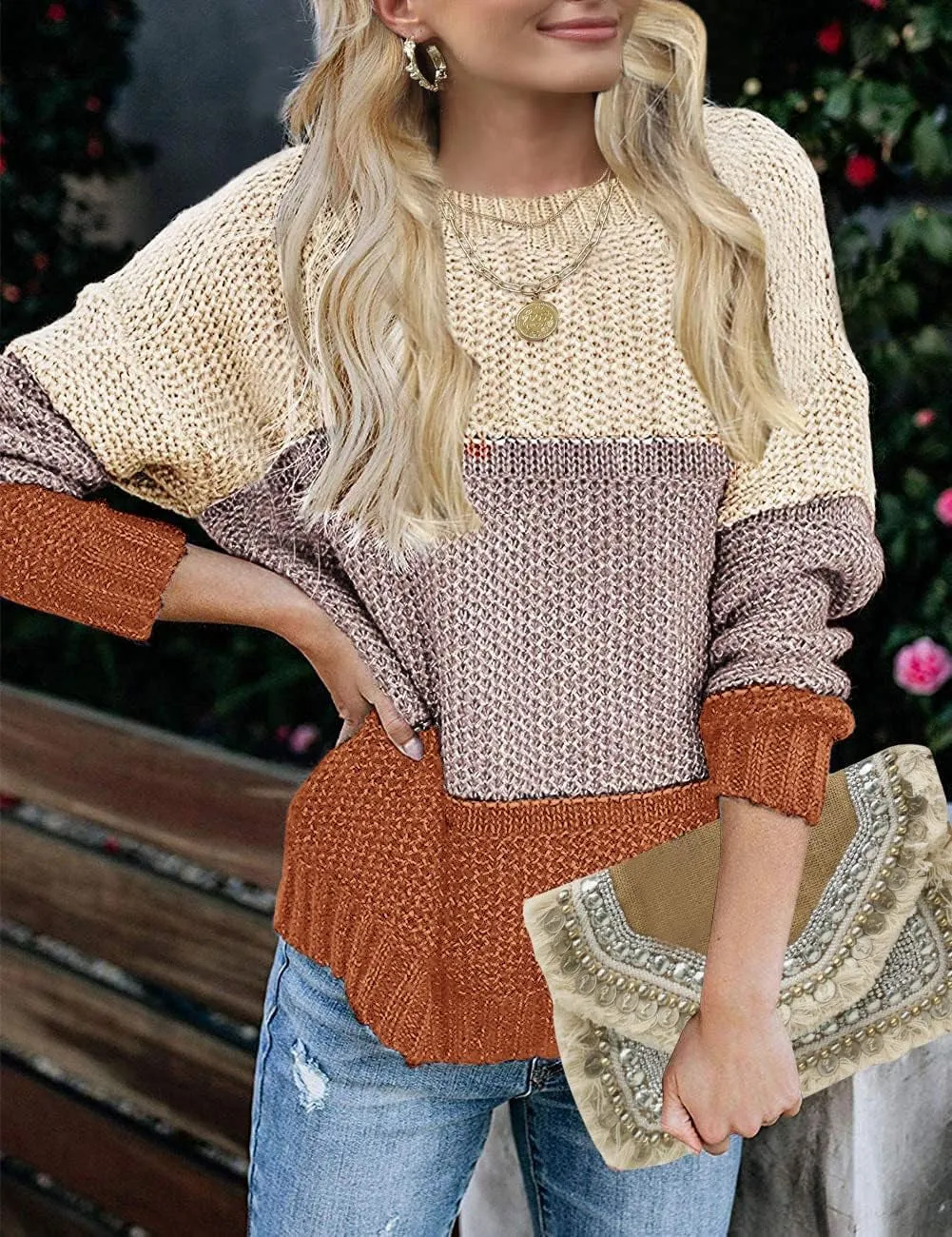 Women'S Crew Neck Long Sleeve Color Block Knit Sweater Casual Pullover Jumper Tops
