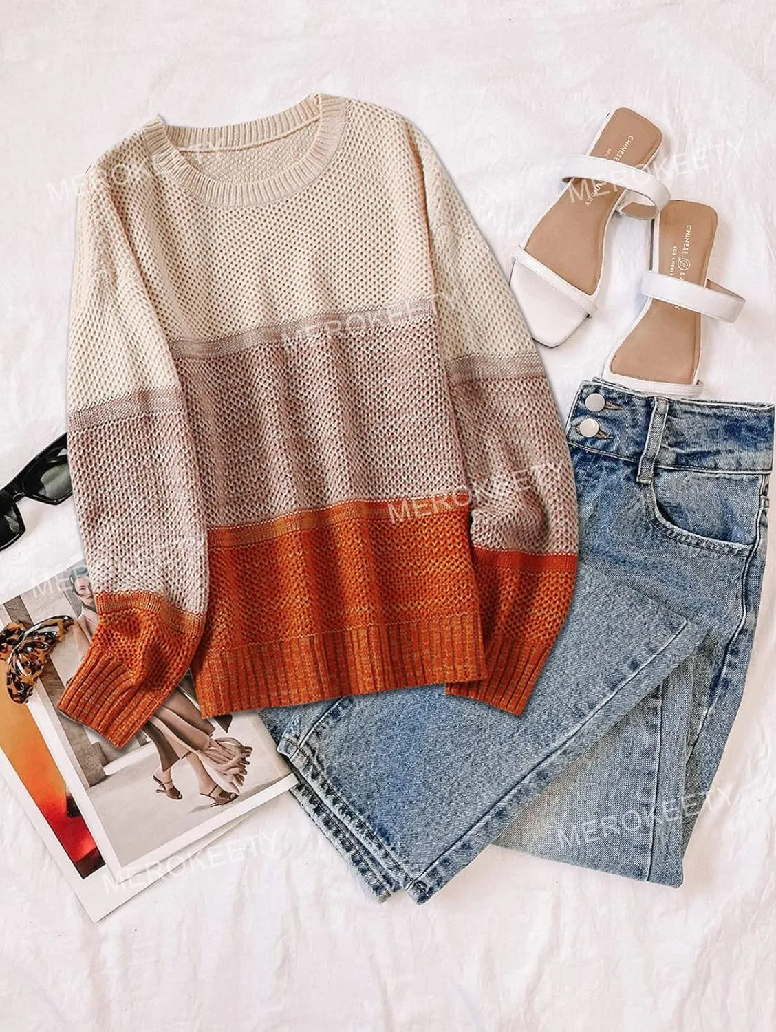 Women'S Crew Neck Long Sleeve Color Block Knit Sweater Casual Pullover Jumper Tops