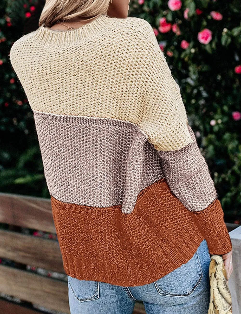 Women'S Crew Neck Long Sleeve Color Block Knit Sweater Casual Pullover Jumper Tops