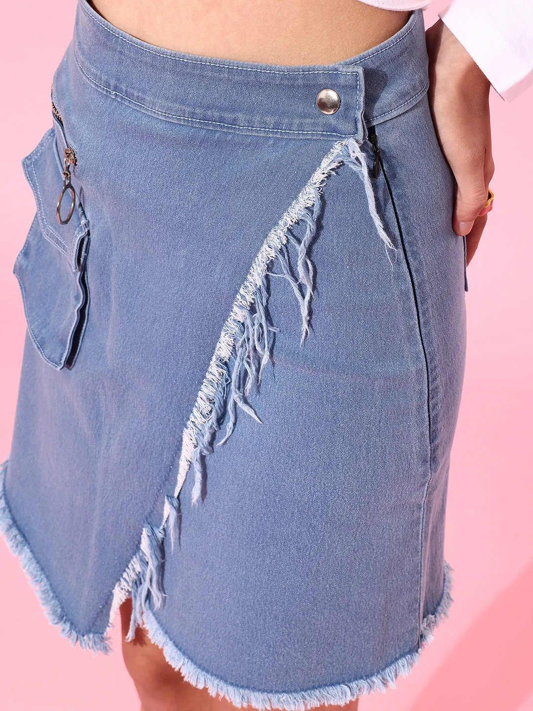 Women's Light Blue Regular High-Rise Clean-Look Above Knee Stretchable Denim Skirt