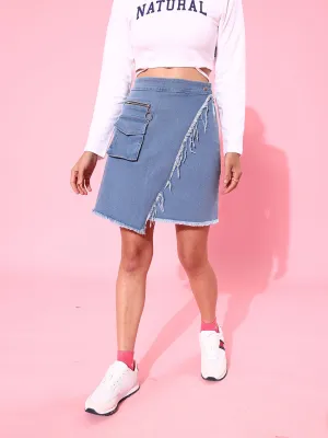 Women's Light Blue Regular High-Rise Clean-Look Above Knee Stretchable Denim Skirt