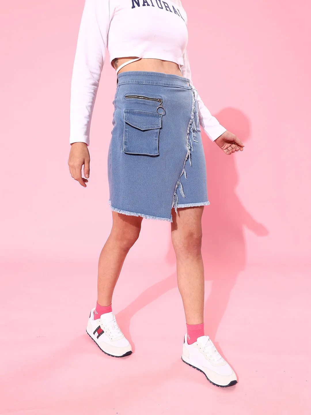 Women's Light Blue Regular High-Rise Clean-Look Above Knee Stretchable Denim Skirt